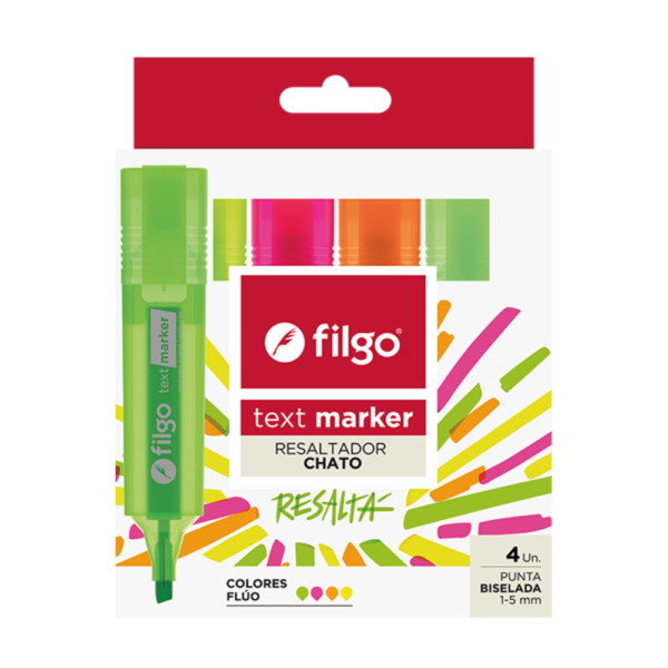 Resaltador chato "Text Marker" FLÚO x4 - FILGO